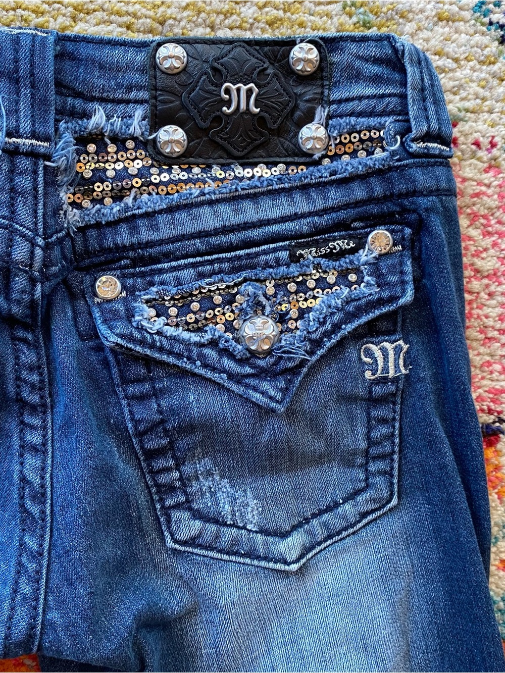 Miss Me Rhinestone Sequin Flap Pocket Bootcut Jeans